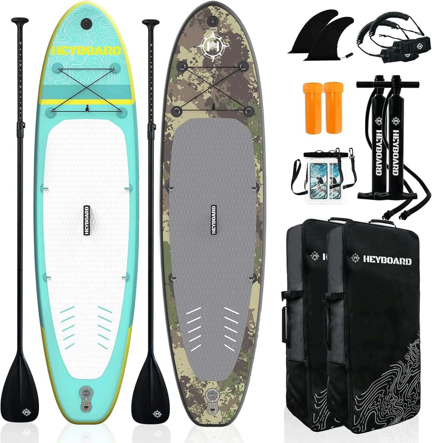 2-Pack HEYBOARD Inflatable Stand Up Paddle Board 10'6"x32"x6" Mint Green Patterned & Camouflage Patterned