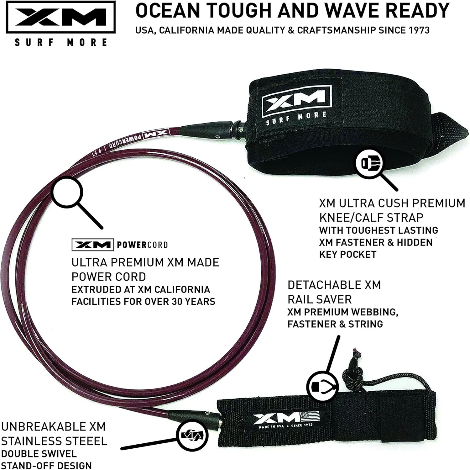 Knee/Calf Surfboard Leash 8ft-12ft, Regular Cord Thickness (.270 in.), Choose Length and Color, Key Pocket, Unbreakable Swivels, Detachable Railsaver, Made in USA