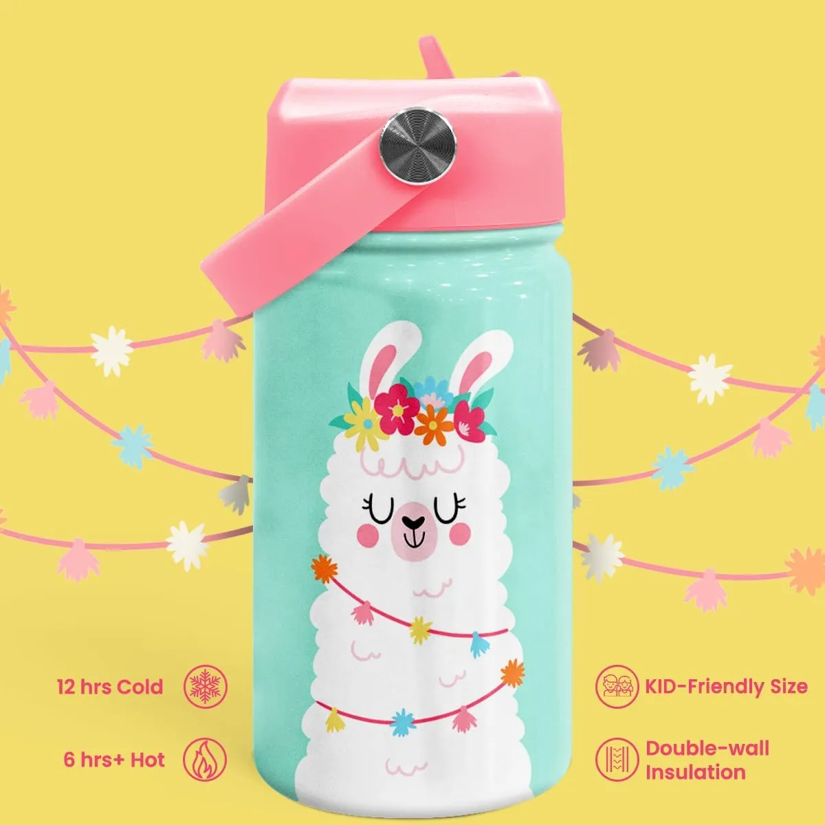 Llama Kids Water Bottle - 12 Oz Insulated Stainless Steel Bottle with Straw Lid for Toddlers & Kids - Travel Cup for School & Sports