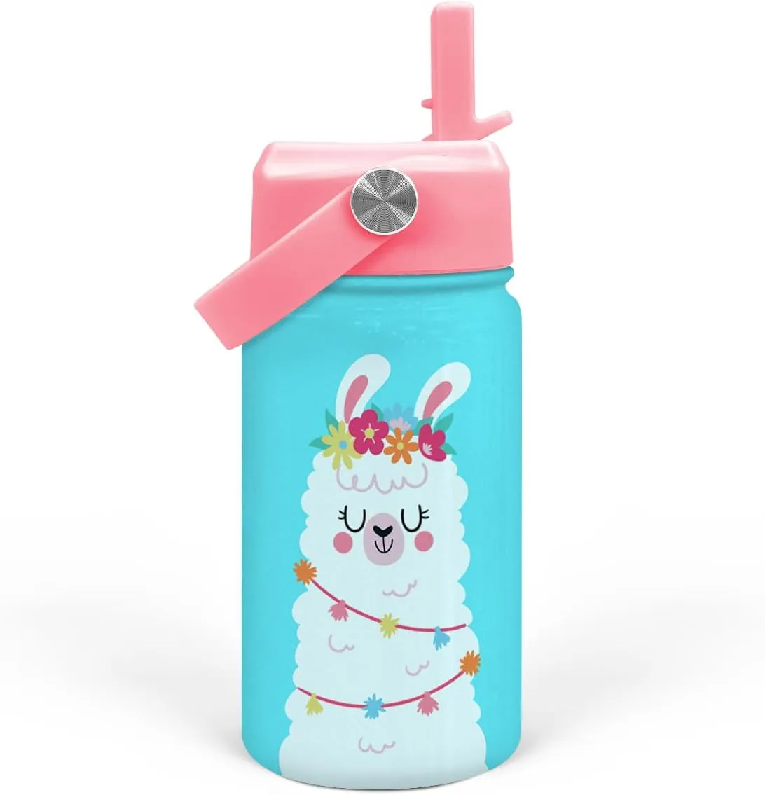 Llama Kids Water Bottle - 12 Oz Insulated Stainless Steel Bottle with Straw Lid for Toddlers & Kids - Travel Cup for School & Sports