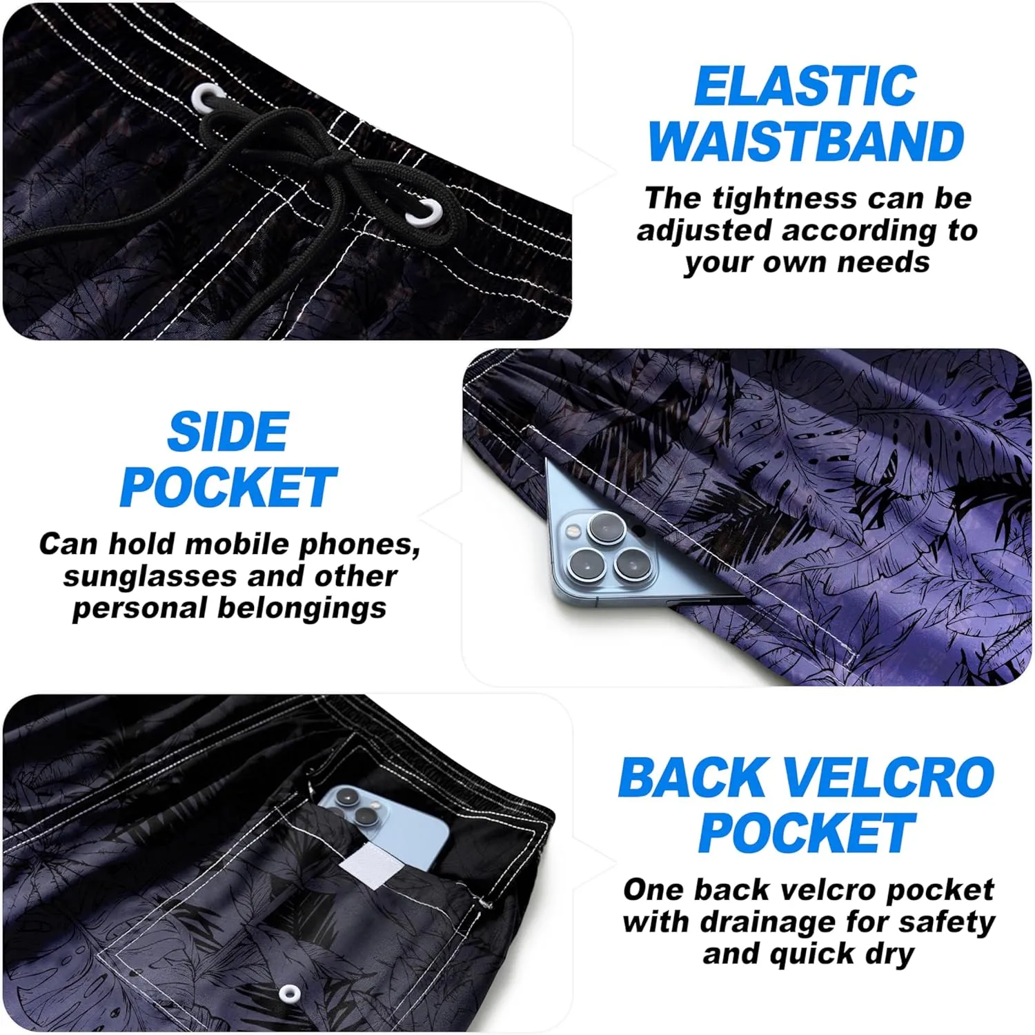 Mens Swim Trunks Quick Dry Board Shorts with Mesh Lining, Breathable Surf Beach Shorts Swimwear Bathing Suits
