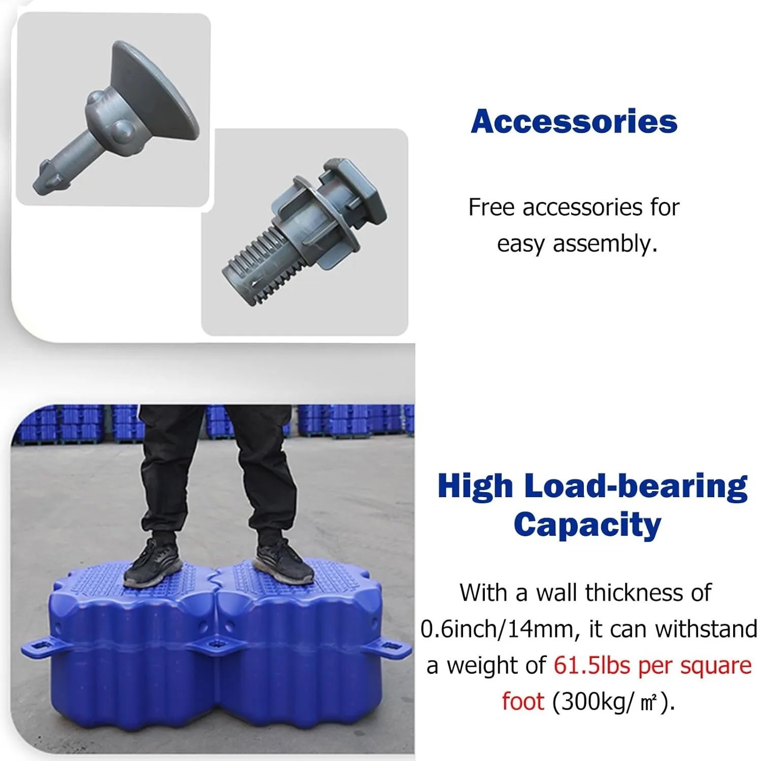 Portable Large Floating Platform, High Load-Bearing Capacity HDPE Floating Dock for Yachts/Boats, Heavy Duty Fishing Rafts with Anti-Slip Texture(Blue,H 40cm/15.7inch)
