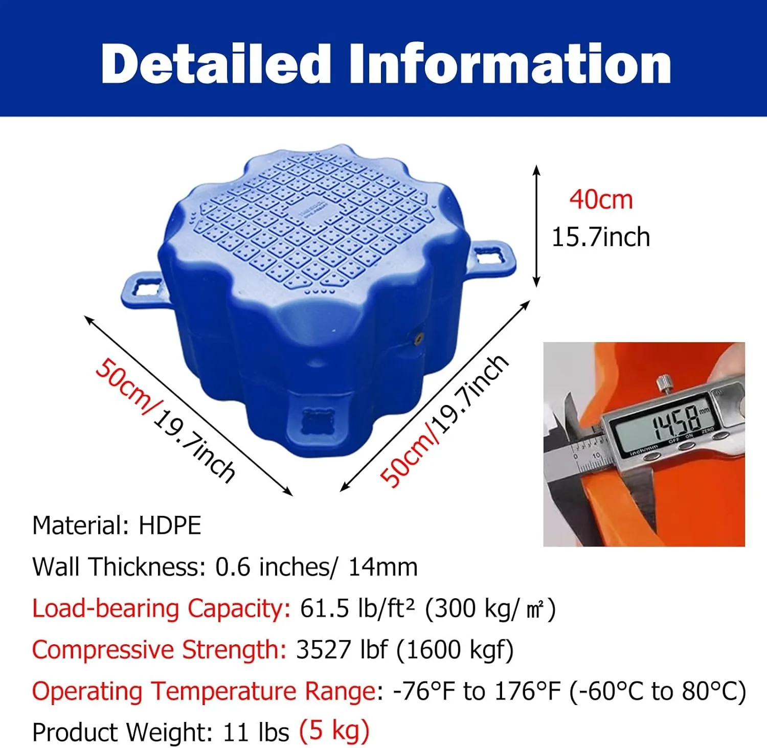 Portable Large Floating Platform, High Load-Bearing Capacity HDPE Floating Dock for Yachts/Boats, Heavy Duty Fishing Rafts with Anti-Slip Texture(Blue,H 40cm/15.7inch)