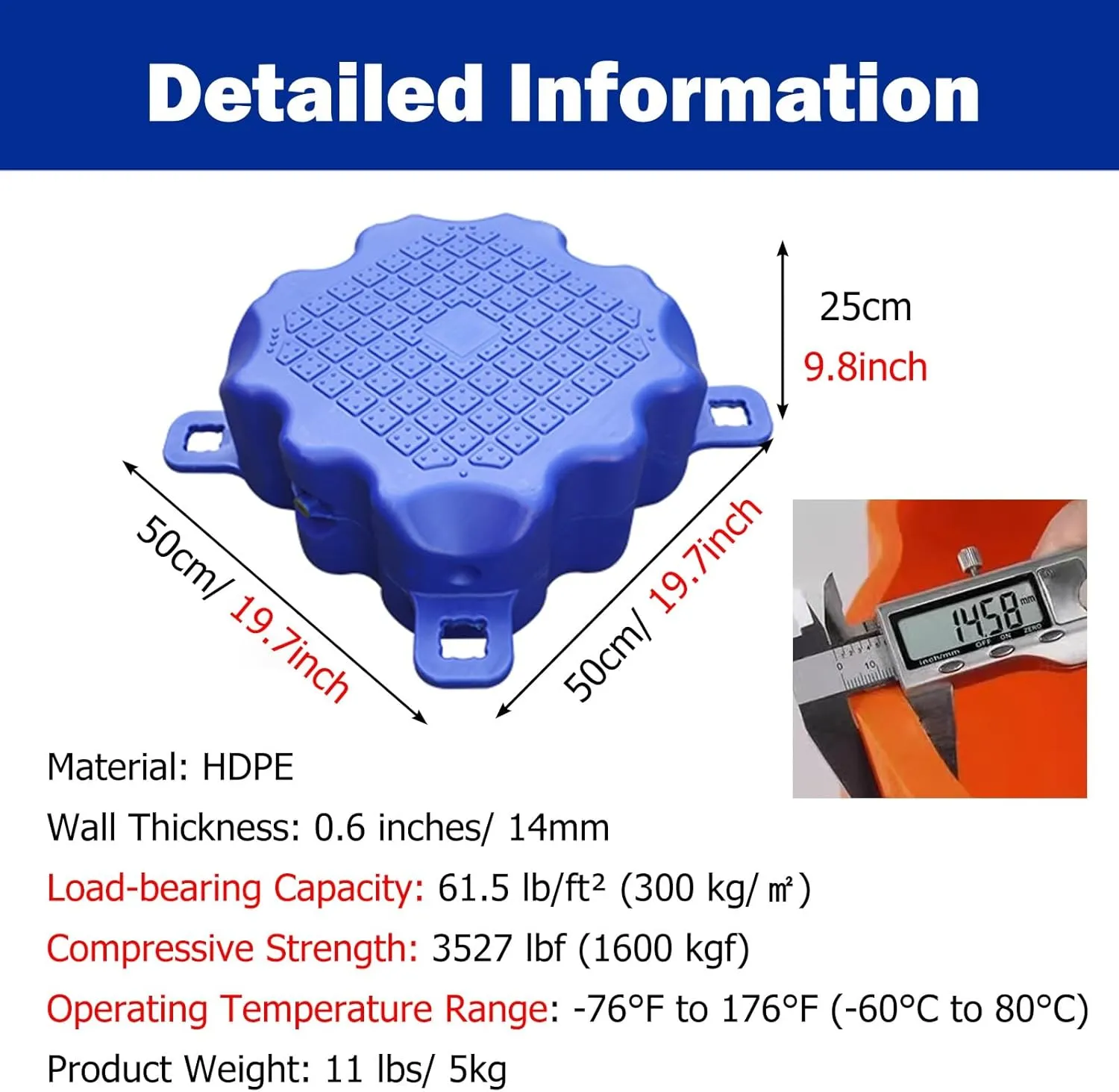 Portable Large Floating Platform, High Load-Bearing Capacity HDPE Floating Dock for Yachts/Boats, Heavy Duty Fishing Rafts with Anti-Slip Texture(Blue,H 40cm/15.7inch)