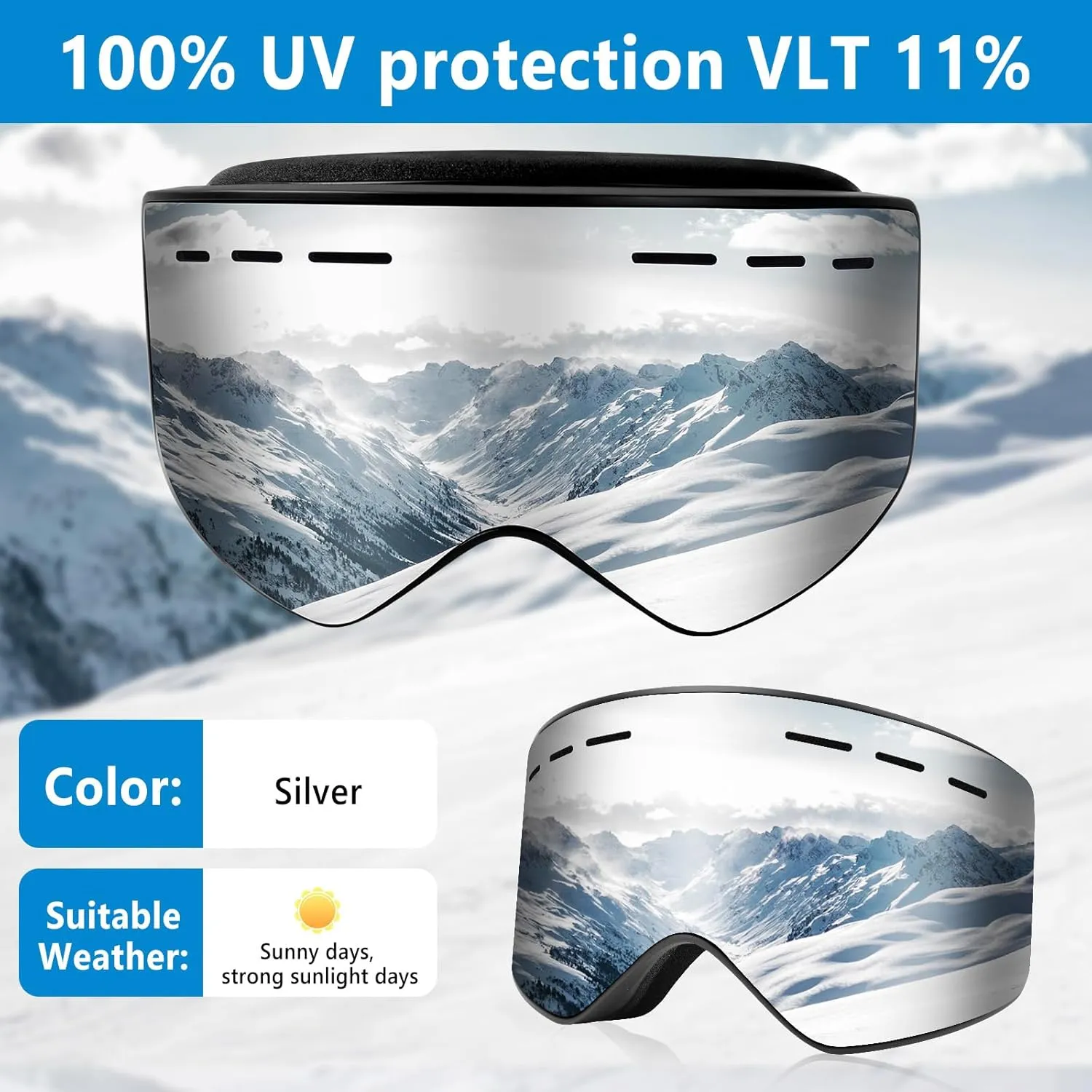 Ryaco Ski Snowboard Goggles, OTG Anti Fog Interchangeable Magnetic Lens, 100% UV Protection, for Men Women Youth Adult