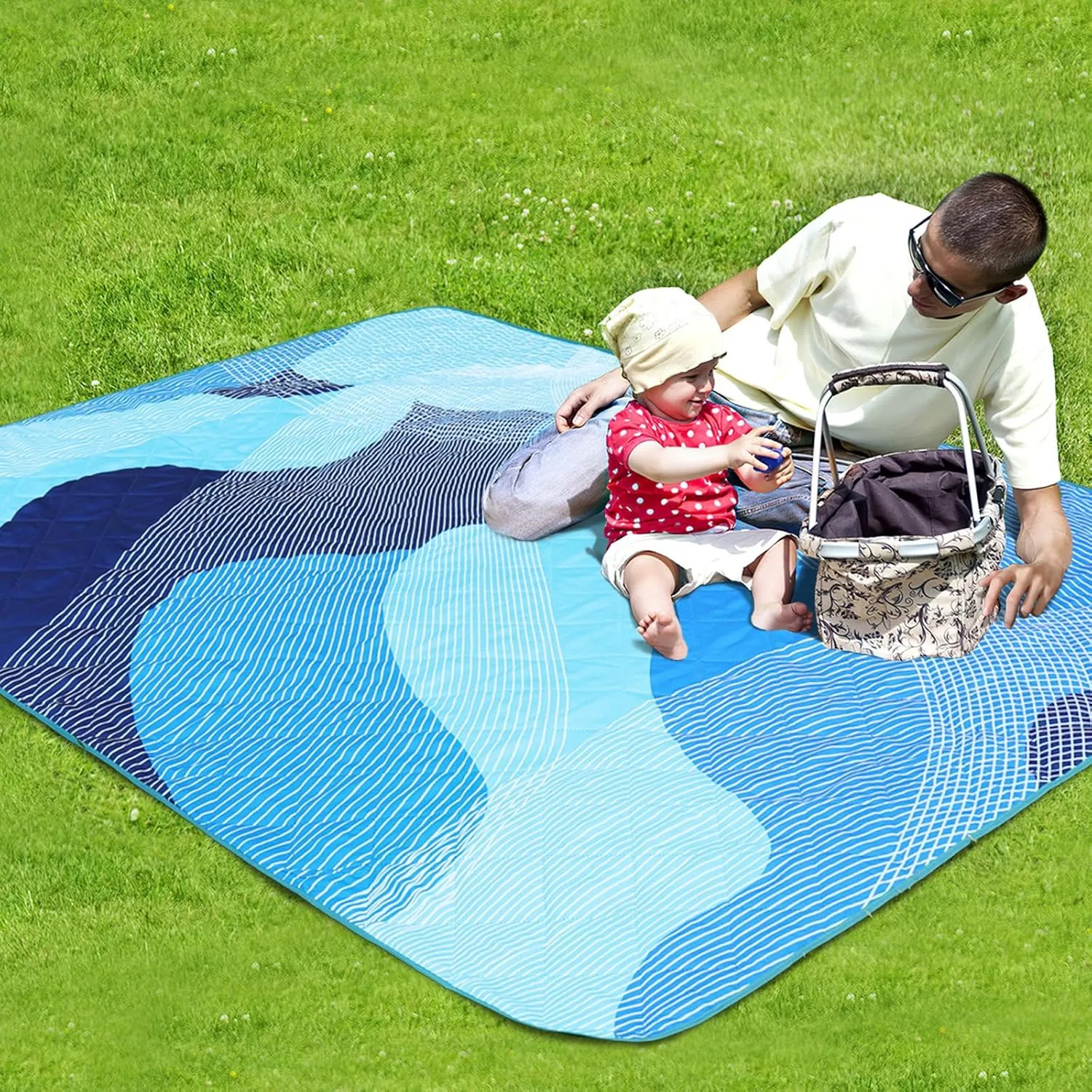 Whale Flotilla Extra Large Waterproof Picnic Blankets 60"x80", Foldable Lightweight Outdoor Blanket for Camping, Hiking, Traveling, Soft Portable Easy to Clean Picnic Mat for Beach Grass Park, Blue