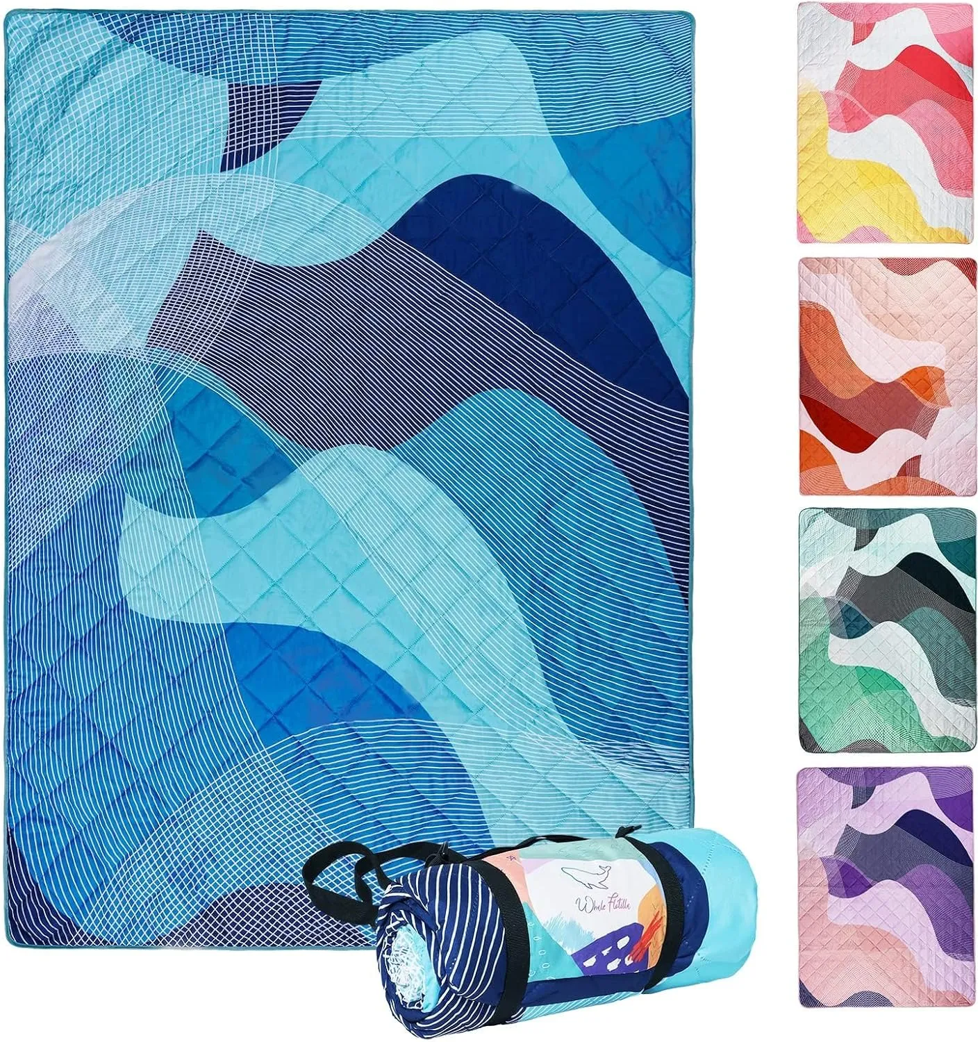 Whale Flotilla Extra Large Waterproof Picnic Blankets 60"x80", Foldable Lightweight Outdoor Blanket for Camping, Hiking, Traveling, Soft Portable Easy to Clean Picnic Mat for Beach Grass Park, Blue
