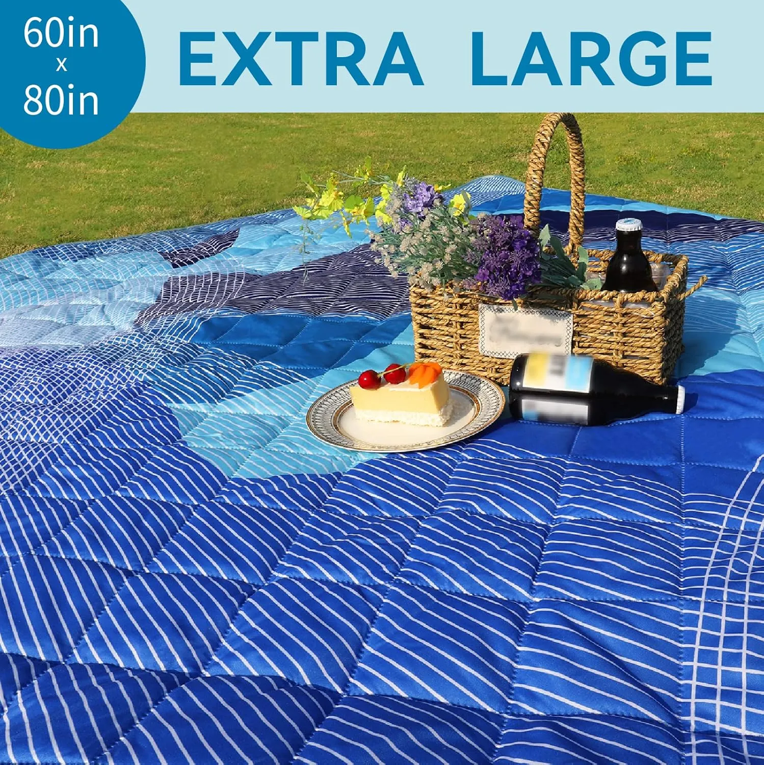 Whale Flotilla Extra Large Waterproof Picnic Blankets 60"x80", Foldable Lightweight Outdoor Blanket for Camping, Hiking, Traveling, Soft Portable Easy to Clean Picnic Mat for Beach Grass Park, Blue